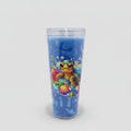 A tall clear plastic tumbler with a blue interior, featuring a colorful underwater graphic of a sea turtle, coral, and bubbles, set against a gray ribbed background.